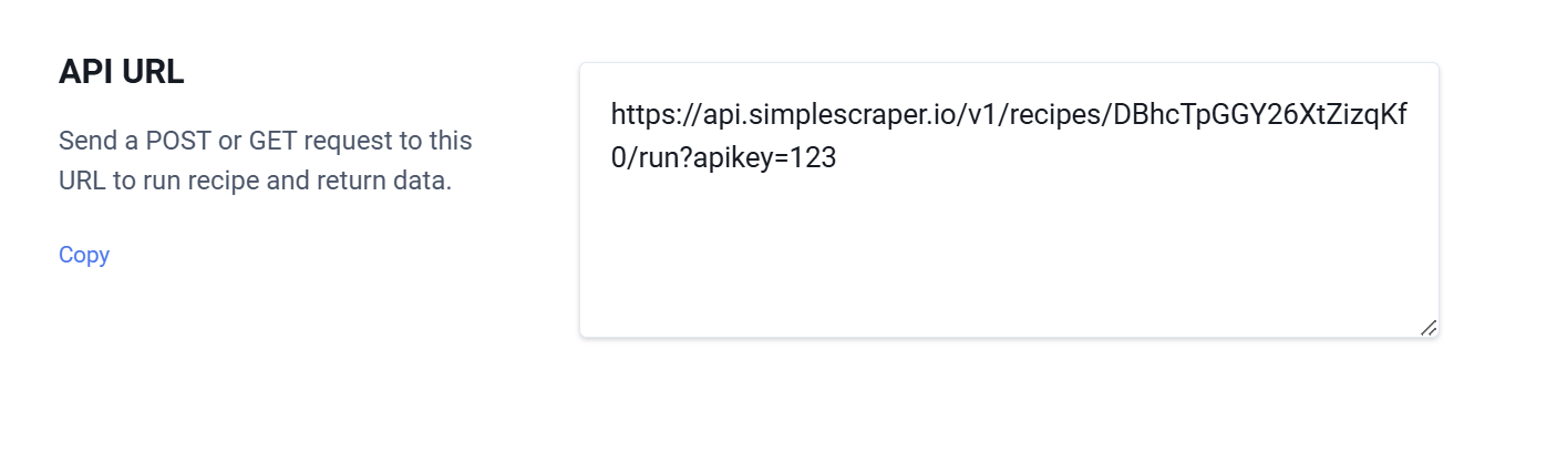 How the API URL looks in Simplescraper