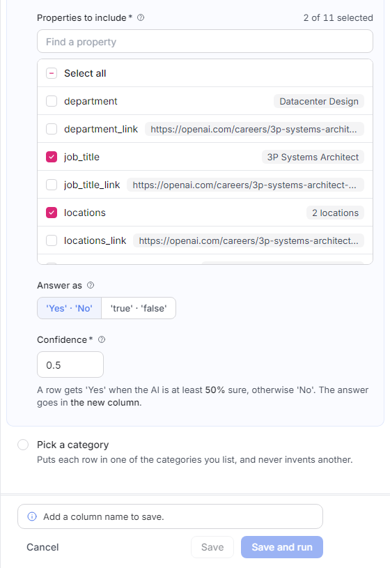The Yes or no settings with job_title and locations ticked under Properties to include and Confidence at 0.5