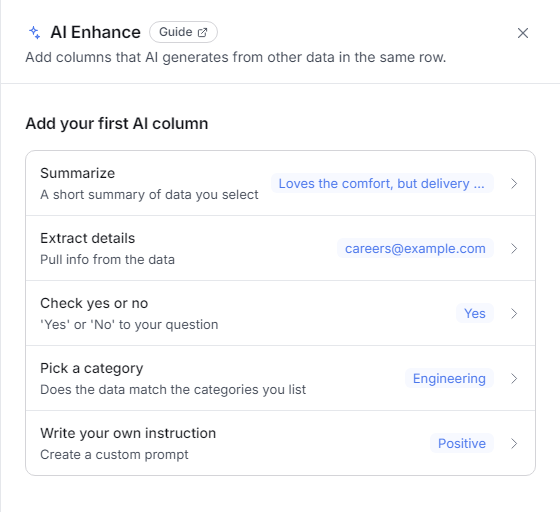 The empty AI Enhance panel listing five starting points: Summarize, Extract details, Yes or no, Categorize and Write your own instruction