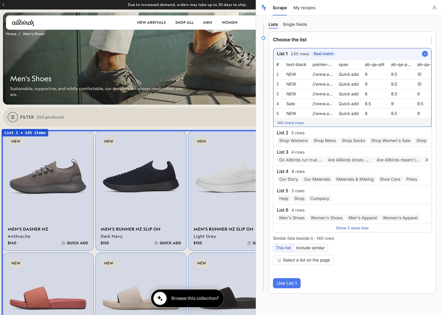 A product grid outlined on the page, with the side panel listing every list it found and List 1, 145 rows, marked Best match
