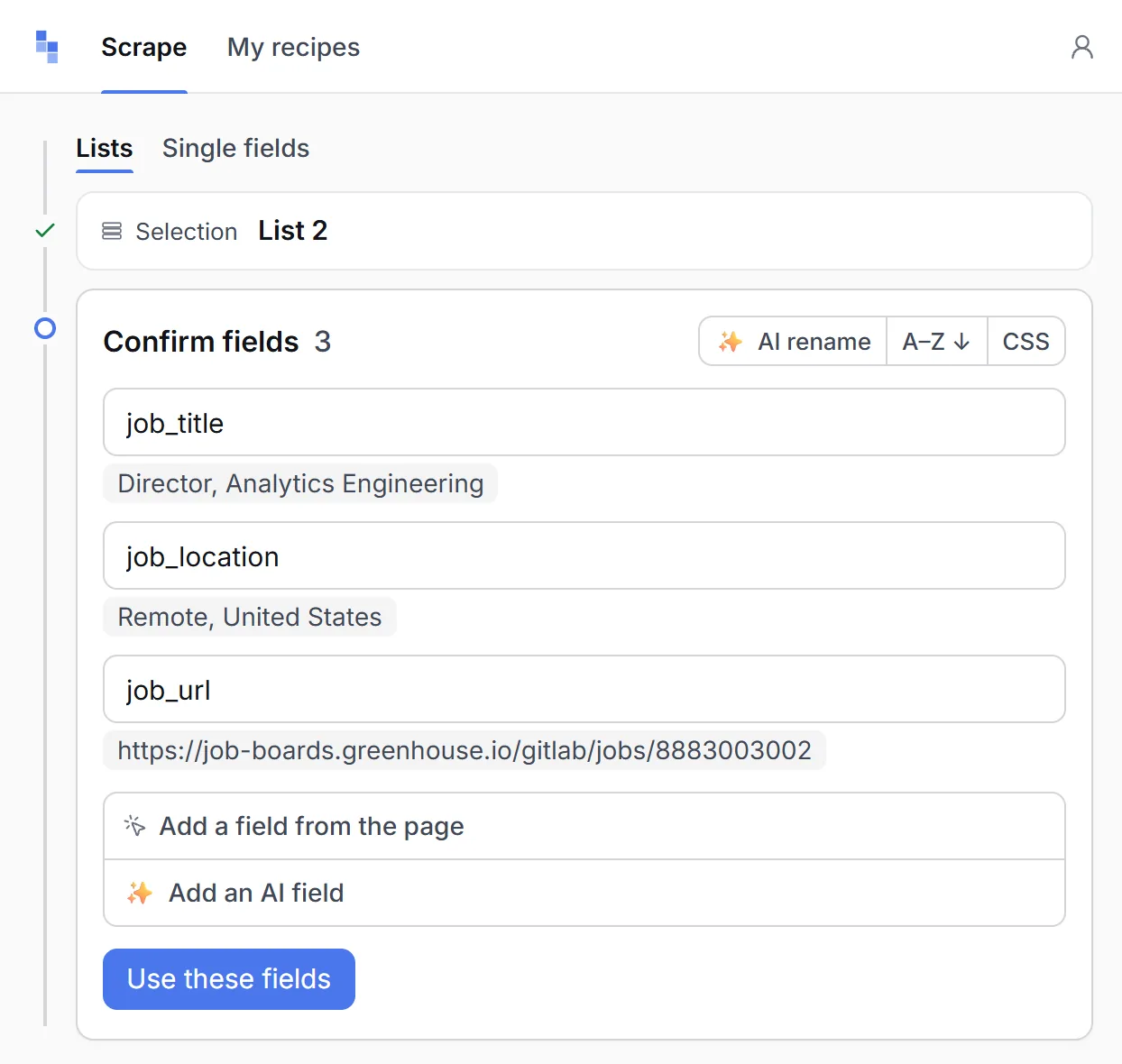 The Confirm fields step with job_title, job_location and job_url, each showing its value from the first row