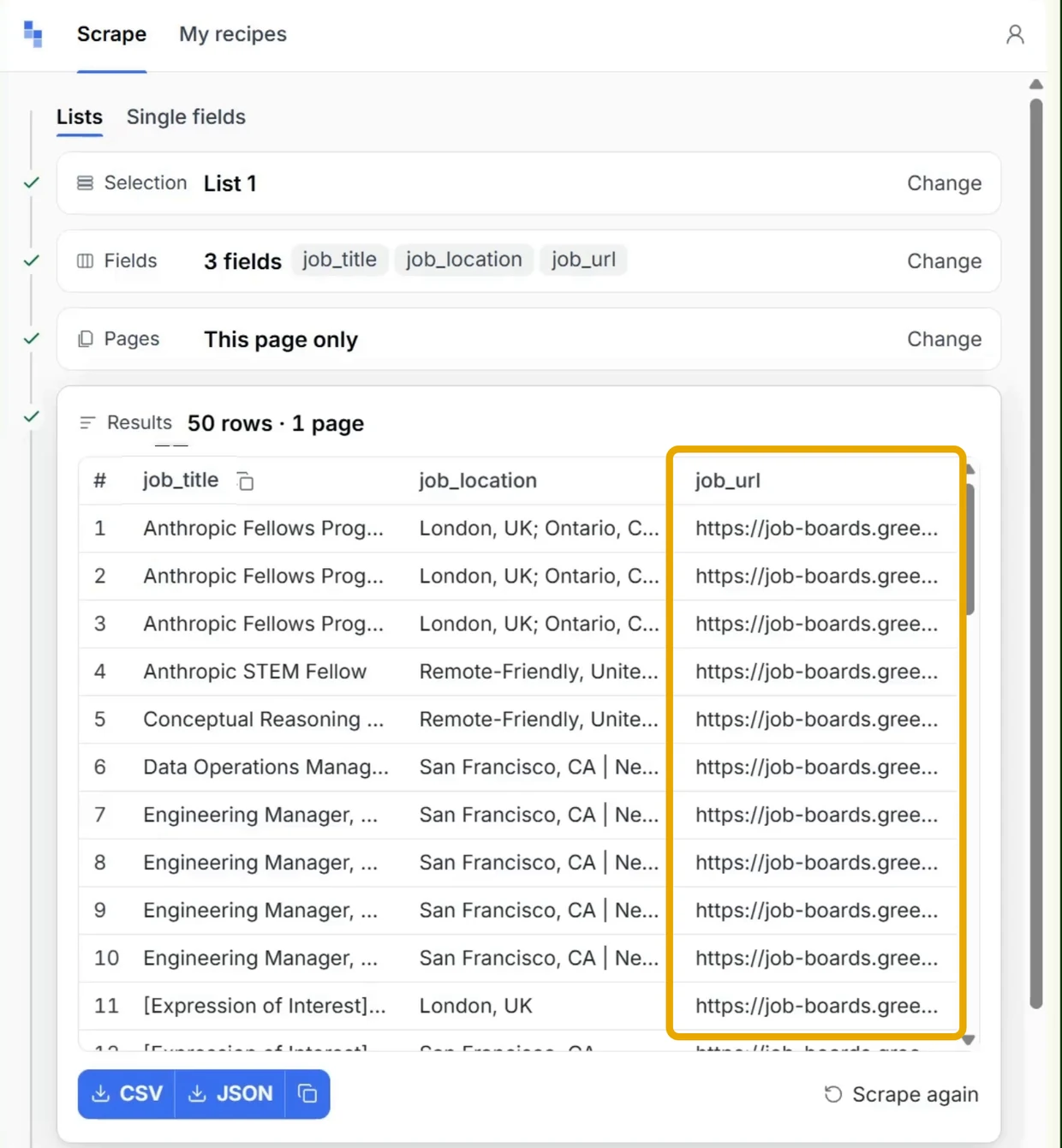 The Results card of a job list scrape, 50 rows, with the job_url column of links outlined