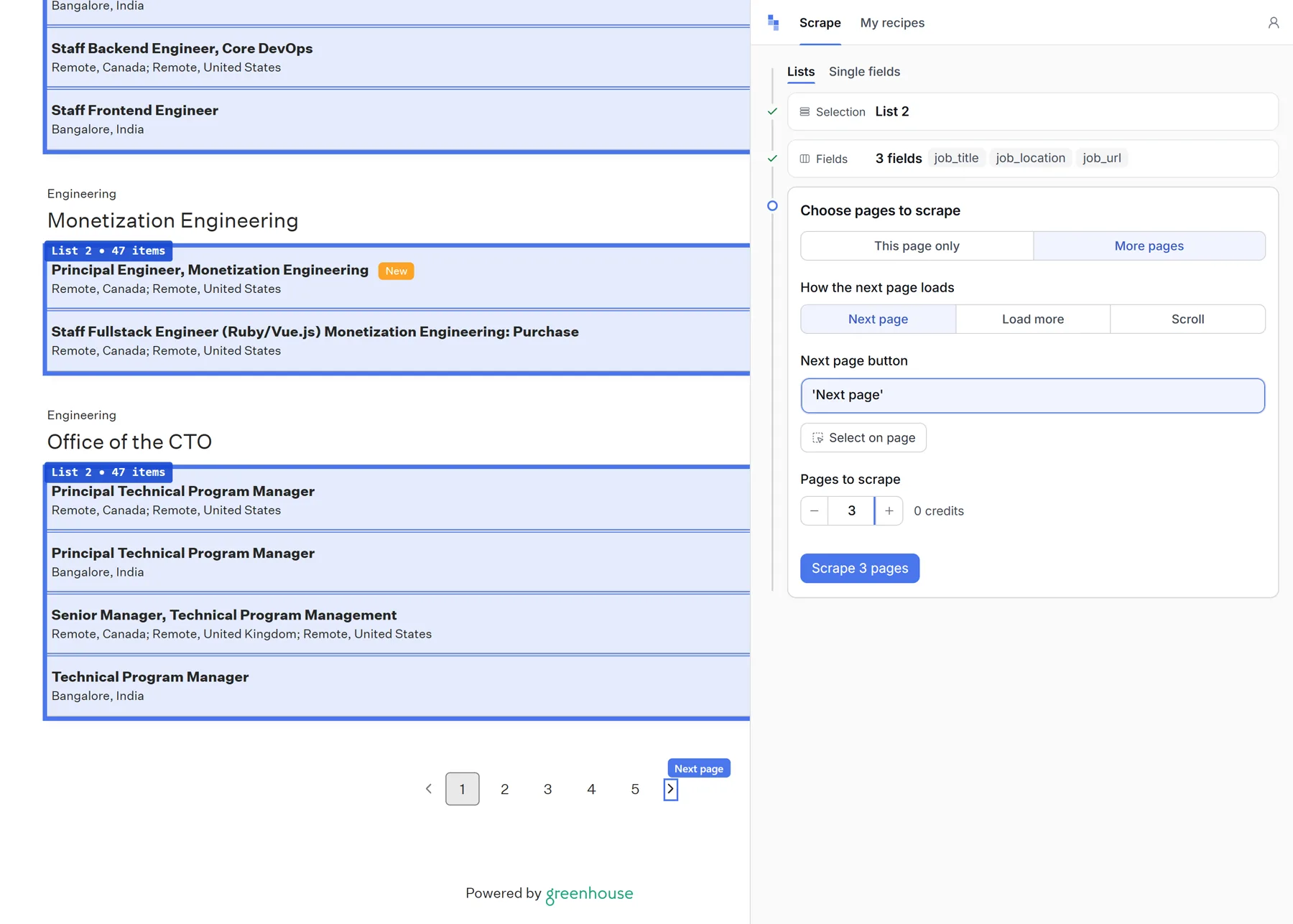 A job board with its Next page button outlined, and the Pages step set to 3 pages for 0 credits