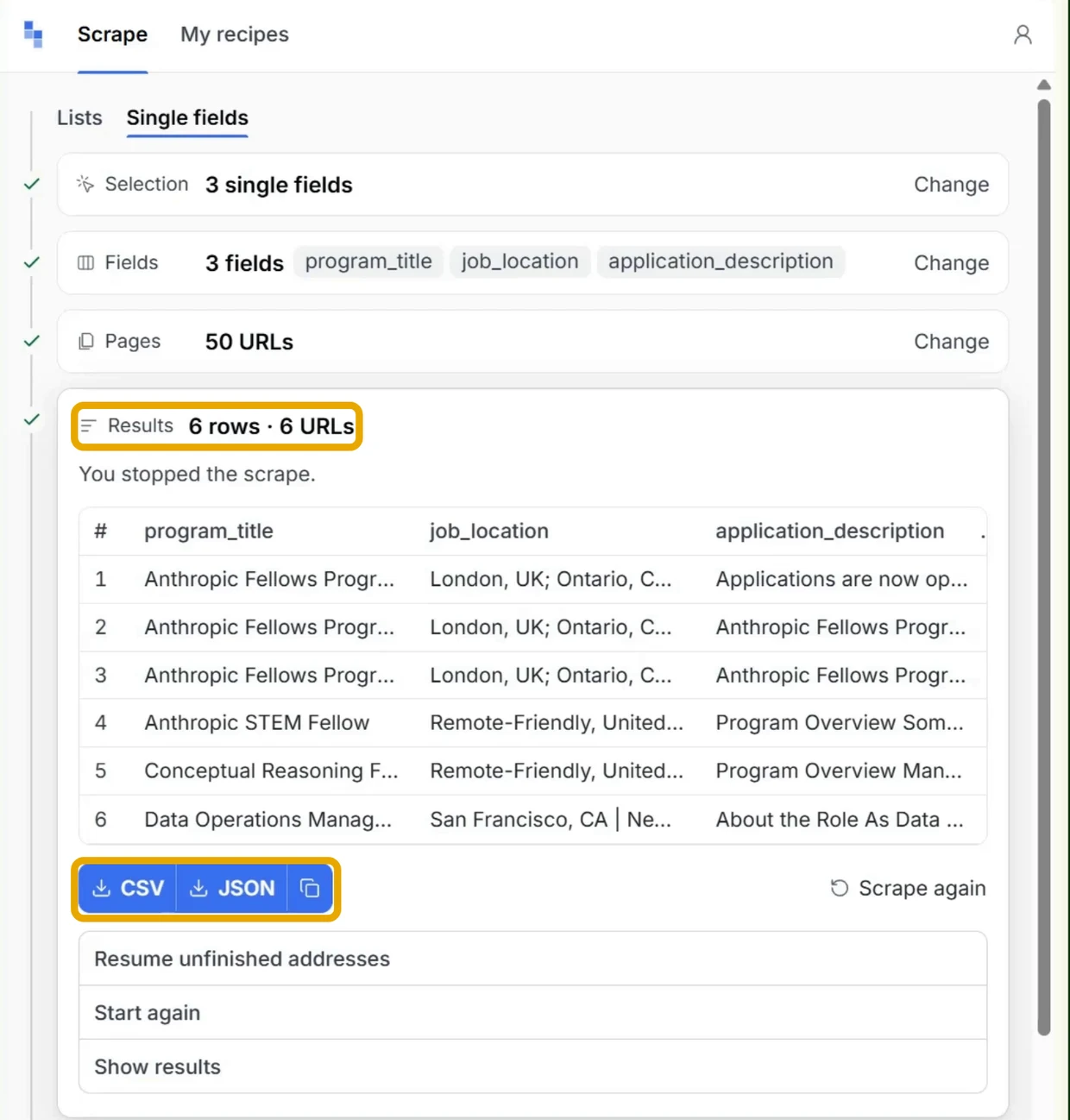 The Results card showing 6 rows from 6 URLs with program_title, job_location and application_description columns, and the CSV and JSON buttons outlined