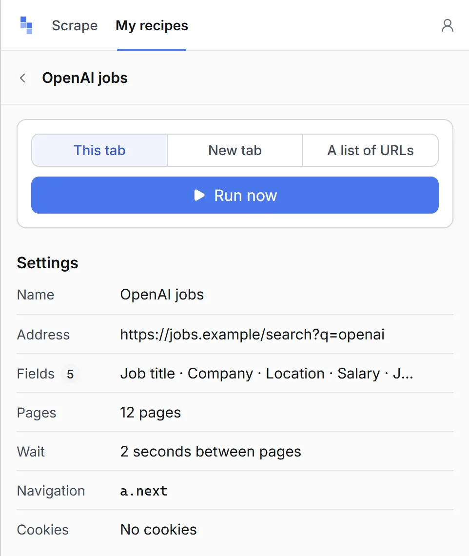 A saved recipe open in My recipes, with This tab, New tab and A list of URLs above the Run now button