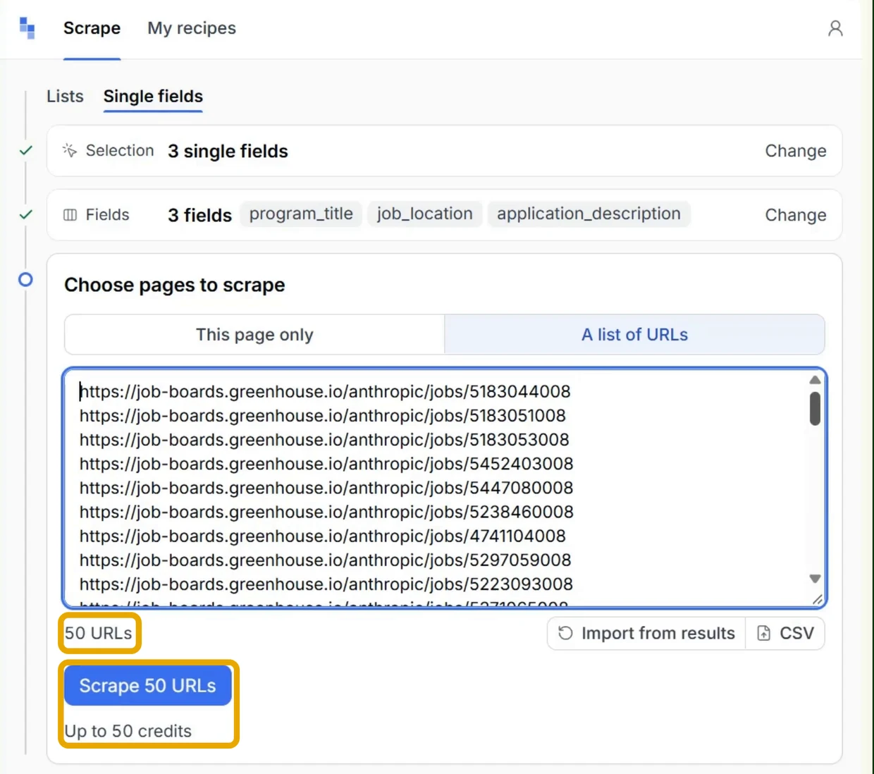 The URL box filled with 50 job links, with the 50 URLs count and the Scrape 50 URLs button outlined