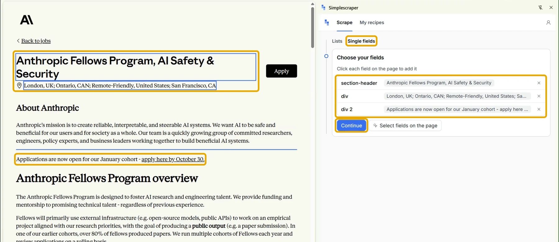 A job page with its title, location and description outlined, and the Single fields tab listing the three fields above the Continue button
