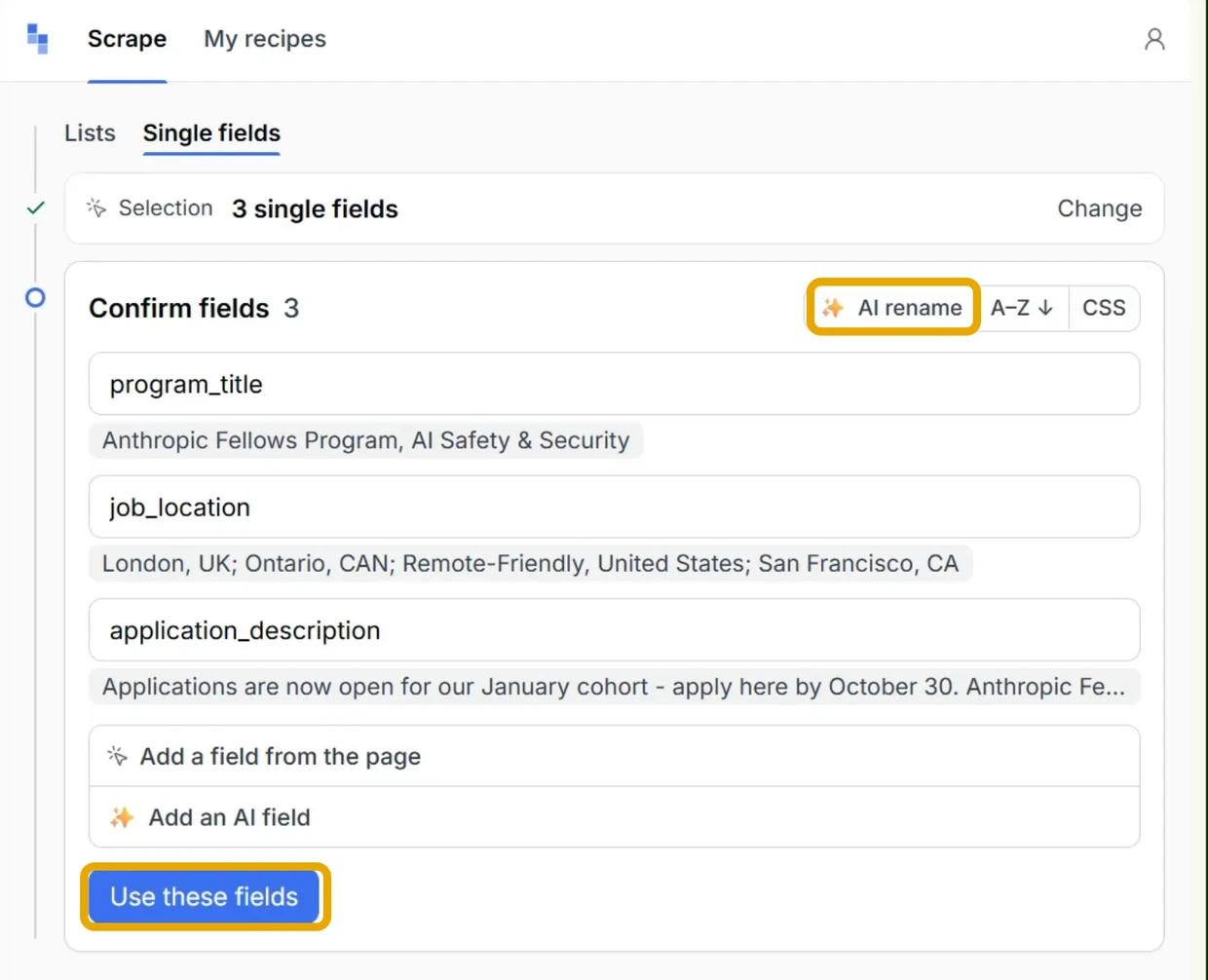 The Confirm fields step with program_title, job_location and application_description, and the AI rename and Use these fields buttons outlined